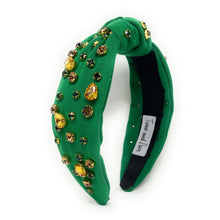 Load image into Gallery viewer, green gold knot headband, green jeweled knot headband, GameDay headband, green gold embellished headband, green gold knotted headband, College Game day headband, college knotted headband, baylor bears college headband, Baylor bears headband, best friend gift, college go bears, college game day gift, baylor bear knot headband, Baylor university college gifts, go gators fan, college gifts, roll tide football headband, Baylor bear tailgating outfit, basketball headband, Football team headband