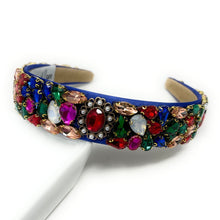 Load image into Gallery viewer, headband for women, fall headband, blue headband, fall winter headband, multicolor color headband, bridal headband, bridal accessories, Gold color hairband, multicolor hair band, unique multicolor headband, unique headband, statement headbands, blue bridal headband, baroque headband, multicolor hair accessories, embellished headband, gemstone headband, luxury headband, embellished headband, dainty headband, baroque embellished headband, custom headband, blue jeweled headband