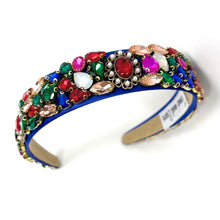 Load image into Gallery viewer, headband for women, fall headband, blue headband, fall winter headband, multicolor color headband, bridal headband, bridal accessories, Gold color hairband, multicolor hair band, unique multicolor headband, unique headband, statement headbands, blue bridal headband, baroque headband, multicolor hair accessories, embellished headband, gemstone headband, luxury headband, embellished headband, dainty headband, baroque embellished headband, custom headband, blue jeweled headband