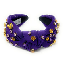 Load image into Gallery viewer, purple gold headband, Geaux tigers Headband, purple Jeweled Knot Headband, Game Day Headband, gameday headband, Purple Gold Knot headband, College Game Day Headband, LSU Knot Headband, Geaux tigers, Geaux college team, college headbands, football college headbands, Football headbands, Basketball headbands, best friend gift, college game day gift, Geaux tigahs headband, gold purple headband, LSU gifts, LSU tailgating hair accessories, college gifts, college football coin purse, Geaux tailgating outfits