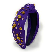 Load image into Gallery viewer, purple gold headband, Geaux tigers Headband, purple Jeweled Knot Headband, Game Day Headband, gameday headband, Purple Gold Knot headband, College Game Day Headband, LSU Knot Headband, Geaux tigers, Geaux college team, college headbands, football college headbands, Football headbands, Basketball headbands, best friend gift, college game day gift, Geaux tigahs headband, gold purple headband, LSU gifts, LSU tailgating hair accessories, college gifts, college football coin purse, Geaux tailgating outfits