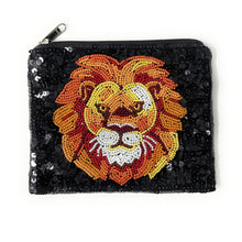 Load image into Gallery viewer, Lion Coin Purse Pouch, Lion bead Purse, Lion Beaded Pouch, Lion Purse, Boho bags, Wallets for her, boho pouch accessories, bachelorette gifts, best friend gifts, miscellaneous gifts, best seller, best selling items, gifts for her, birthday gifts, preppy beaded wallet, party favors, bachelorette bag, money pouch, wallets for her, unique cute gifts, mother’s day gift, handmade gifts, Nashville gifts, Safari theme accessories, Custom gifts, credit card pouch, Sequin black purse, handmade gifts