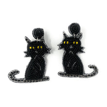 Load image into Gallery viewer, Halloween beaded Earrings, beaded halloween Earrings, halloween Earrings, Halloween Bead Earrings, earrings for halloween, black cat beaded earrings, spooky beaded earrings, black cat earrings, Unique earrings, statement earrings, Halloween jewelry, cat earrings, black cat, spooky cat earrings, costume jewelry, Holiday earrings, custom earrings, custom designs, cat earrings, dangling earrings, lightweight earrings, halloween accessories, halloween vibes, spooky vibes, handmade gifts