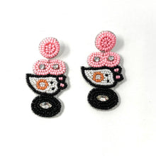 Load image into Gallery viewer, Halloween beaded Earrings, beaded halloween Earrings, halloween Earrings, Pink Halloween Earrings, earrings for halloween, pink ghost beaded earrings, spooky beaded earrings, Pink black ghost earrings, Unique earrings, statement earrings, Halloween jewelry, cat earrings, Pink ghost, BOO earrings, costume jewelry, Holiday earrings, custom earrings, custom designs, Black pink earrings, dangling earrings, lightweight earrings, halloween accessories, pink halloween vibes, spooky vibes, handmade gifts