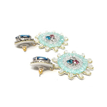 Load image into Gallery viewer, custom beaded Earrings, light blue jeweled Earrings, blue Beaded Earrings, boho earrings, blue jeweled earrings, handmade earrings, custom earrings, party accessories, fancy accessories, light blue embellished earrings, custom earrings, best friend gifts, birthday gifts, bohemian earrings, luxurious handmade accessories, night jewelry, Fancy earrings, boho earrings, beaded earrings, Fancy jeweled earrings, statement earrings, best selling items, statement earrings, handmade gifts, custom gifts for her
