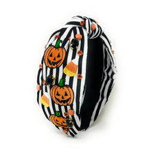 Load image into Gallery viewer, Halloween Jeweled Headband, Halloween Knotted Headband, black white Knotted Headband, Halloween Hair Accessories, striped black white Headband, Best Seller, headbands for women, best selling items, knotted headband, hairbands for women, Halloween gifts, halloween knot Headband, Halloween accessories, custom headband, Halloween headband, Statement headband, Halloween gifts, jeweled knot headband, Pumpkins headband, halloween Embellished headband, candy corn headband