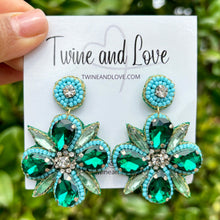 Load image into Gallery viewer, custom beaded Earrings, jeweled Earrings, Emerald Beaded Earrings, green earrings, emerald color jeweled earrings, handmade earrings, custom earrings, bejeweled accessories, fancy accessories, embellished earrings, custom earrings, best friend gifts, birthday gifts, bohemian earrings, luxurious handmade accessories, party earrings, Fancy earrings, boho earrings, rhinestone earrings, multicolor embellished earrings, Fancy jeweled earrings, party earrings, statement earrings, best selling items
