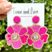 Load image into Gallery viewer, custom beaded Earrings, jeweled Earrings, pink Beaded Earrings, pink fuchsia earrings, pink jeweled earrings, handmade earrings, custom earrings, resort accessories, fancy accessories, floral embellished earrings, custom earrings, best friend gifts, birthday gifts, bohemian earrings, luxurious handmade accessories, party earrings, Fancy earrings, boho earrings, beaded earrings, pink embellished earrings, Fancy jeweled earrings, floral earrings, statement earrings, best selling items