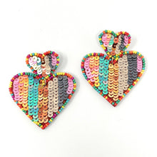 Load image into Gallery viewer,  Hearts Beaded Earrings, multicolor Heart Earrings, Valentines Day Earrings, Valentines sequin Earrings, Seed Bead, Valentines Heart earrings, pink earrings, multicolor beaded earrings, confetti beaded earrings, Love beaded earrings, valentines beaded earrings, Hearts earrings, sequin heart earrings, holiday gifts, holiday accessories, holiday beaded accessories, Holiday red accessories, Holiday Valentines earrings, Valentines Day gifts, best Selling items, sequin earrings, valentines day gifts for her
