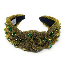 Load image into Gallery viewer, greenJeweled Headband, green headband, Autumn Hair Accessories, fall winter Headband, knot headband, boho headband, best selling items, fall knotted headband, hairbands for women, thanksgiving  gifts,  Fall knot Headband, Fall Winter accessories, shimmer knot headband, shimmer headband, Statement headband, Christmas gifts, jeweled knot headband, Jeweled headband, wide knot headband, Embellished headband, Autumn embellished headband, bejeweled headband, green shimmer headband, New Years