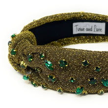 Load image into Gallery viewer, greenJeweled Headband, green headband, Autumn Hair Accessories, fall winter Headband, knot headband, boho headband, best selling items, fall knotted headband, hairbands for women, thanksgiving  gifts,  Fall knot Headband, Fall Winter accessories, shimmer knot headband, shimmer headband, Statement headband, Christmas gifts, jeweled knot headband, Jeweled headband, wide knot headband, Embellished headband, Autumn embellished headband, bejeweled headband, green shimmer headband, New Years