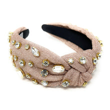 Load image into Gallery viewer, beige Jeweled Headband, campagne headband, Autumn Hair Accessories, fall winter Headband, knot headband, boho headband, best selling items, fall knotted headband, hairbands for women, thanksgiving  gifts,  Fall knot Headband, Fall Winter accessories, shimmer knot headband, shimmer headband, Statement headband, Christmas gifts, jeweled knot headband, Jeweled headband, shimmery knot headband, Embellished headband, Autumn embellished headband, bejeweled headband, beige shimmer headband, New Years