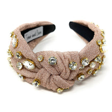 Load image into Gallery viewer, beige Jeweled Headband, beige headband, Autumn Hair Accessories, fall winter Headband, knot headband, boho headband, best selling items, fall knotted headband, hairbands for women, thanksgiving  gifts,  Fall knot Headband, Fall Winter accessories, shimmer knot headband, shimmer headband, Statement headband, Christmas gifts, jeweled knot headband, Jeweled headband, shimmery knot headband, Embellished headband, Autumn embellished headband, bejeweled headband, beige shimmer headband, New Years