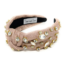 Load image into Gallery viewer, beige Jeweled Headband, beige headband, Autumn Hair Accessories, fall winter Headband, knot headband, boho headband, best selling items, fall knotted headband, hairbands for women, thanksgiving  gifts,  Fall knot Headband, Fall Winter accessories, shimmer knot headband, shimmer headband, Statement headband, Christmas gifts, jeweled knot headband, Jeweled headband, shimmery knot headband, Embellished headband, Autumn embellished headband, bejeweled headband, beige shimmer headband, New Years