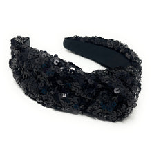 Load image into Gallery viewer, New Years Jeweled Headband, Holiday Headband, New Year’s Knotted Headband, New Years Hair Accessories, champagne Headband, Best Seller, New Year headband, best selling items, sequin knotted headband, Holiday gifts, New Years knot Headband, black hair accessories, Black sequin headband, holiday headband, Sequin headband, embellished knot headband, jeweled knot headband, New Years Eve Jeweled headband, New Year Embellished headband, Custom headband, Unique headbands, handmade headbands