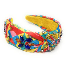 Load image into Gallery viewer, headband for women, summer Knot headband, Summer lover headband, emoji knotted headband, multicolor top knot headband, multi color top knotted headband, multi floral knotted headband, multicolored headband, embellished hair band, bejeweled knot headbands, jeweled multicolor knot headband, statement headbands, top knotted headband, knotted headband, embellished headband, multi color knot headband, emoji top knot headband, retro knotted headband