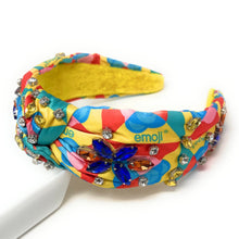 Load image into Gallery viewer, headband for women, summer Knot headband, Summer lover headband, emoji knotted headband, multicolor top knot headband, multi color top knotted headband, multi floral knotted headband, multicolored headband, embellished hair band, bejeweled knot headbands, jeweled multicolor knot headband, statement headbands, top knotted headband, knotted headband, embellished headband, multi color knot headband, emoji top knot headband, retro knotted headband