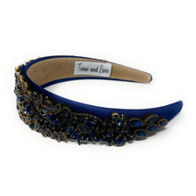 Load image into Gallery viewer, headband for women, fall headband, blue baroque headband, fall winter headband, navy blue headband, bridal headband, bridal accessories, blue luxurious hairband, luxurious hair band, unique embellished headband, unique headband, statement headband, custom bridal headband, blue color accessories, embellished headband, gemstone headband, luxury headband, embellished headband, bling headband, baroque embellished headband, custom headband, jeweled baroque headband, evening hair accessory