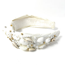Load image into Gallery viewer, sea shell Jeweled Headband, shells Jeweled knot Headband, shells Jeweled Knot Headband, Jeweled Knot Headbands, sea shells Knotted Headband, white shells knotted headband, birthday gifts, headbands for women, white knotted headbands, hair accessories, vacation knot headband, embellished shell jeweled headband, bachelorette headband, Bachelorette gifts, embellished headband, summer Jeweled headband, seashells headband, tropical headband, bling headband, Sea headband, sea shells accessories 