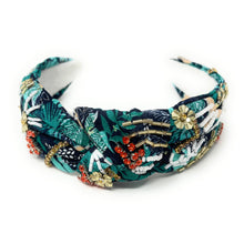 Load image into Gallery viewer, palm trees Jeweled Headband, palms Jeweled knot Headband, tropical Jeweled Knot Headband, Jeweled Knot Headbands, palm leaves Knotted Headband, palm trees knotted headband, birthday gifts, headbands for women, blue knotted headbands, hair accessories, vacation knot headband, embellished palms jeweled headband, bachelorette headband, Bachelorette gifts, embellished headband, summer Jeweled headband, seashells headband, tropical knot headband, bling headband, palm leaves headband, palm leaves accessories 