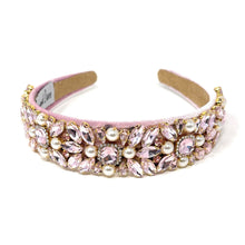 Load image into Gallery viewer, Pink jeweled headband adorned with sparkling pink gemstones and pearls on a soft pink fabric. Elegant, luxurious, and feminine design.