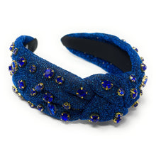 Load image into Gallery viewer, blue Jeweled Headband, blue headband, Autumn Hair Accessories, fall winter Headband, knot headband, boho headband, best selling items, fall knotted headband, hairbands for women, thanksgiving  gifts,  Fall knot Headband, Fall Winter accessories, shimmer knot headband, shimmer headband, Statement headband, Christmas gifts, jeweled knot headband, Jeweled headband, shimmery knot headband, Embellished headband, Autumn embellished headband, bejeweled headband, blue shimmer headband, New Years eve headband