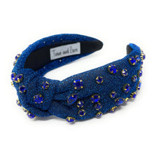 Load image into Gallery viewer, blue Jeweled Headband, blue headband, Autumn Hair Accessories, fall winter Headband, knot headband, boho headband, best selling items, fall knotted headband, hairbands for women, thanksgiving  gifts,  Fall knot Headband, Fall Winter accessories, shimmer knot headband, shimmer headband, Statement headband, Christmas gifts, jeweled knot headband, Jeweled headband, shimmery knot headband, Embellished headband, Autumn embellished headband, bejeweled headband, blue shimmer headband, New Years eve headband