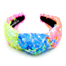Load image into Gallery viewer, headband for women, summer Knot headband, Summer lover headband, Summer knotted headband, Multicolor top knot headband, multi color top knotted headband, multicolor knotted headband, Bright knot headband, Sequin hair band, neon knot headbands, Neon headband, statement headbands, top knotted headband, knotted headband, Multicolor accessories, embellished headband, gemstone knot headband, luxury headband, embellished knot headband, jeweled knot headband, summer knot embellished headband