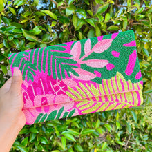 Load image into Gallery viewer, pink beaded clutch purse, birthday gift for her, summer clutch, seed bead purse, beach beaded bag, Beaded handbag, summer beaded bag, seed bead clutch, summer bag, birthday gift for her, floral clutch bag, seed bead purse, engagement gift, bridal gift to bride, bridal gift, palm leaves purse, gifts to bride, gifts for bride, wedding gift, bride gifts, beaded clutch purse,  summer beaded clutch, seed bead purse, beaded bag, summer bag, boho purse, tropical purse, tropical beaded clutch, pink purse