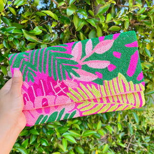 pink beaded clutch purse, birthday gift for her, summer clutch, seed bead purse, beach beaded bag, Beaded handbag, summer beaded bag, seed bead clutch, summer bag, birthday gift for her, floral clutch bag, seed bead purse, engagement gift, bridal gift to bride, bridal gift, palm leaves purse, gifts to bride, gifts for bride, wedding gift, bride gifts, beaded clutch purse,  summer beaded clutch, seed bead purse, beaded bag, summer bag, boho purse, tropical purse, tropical beaded clutch, pink purse