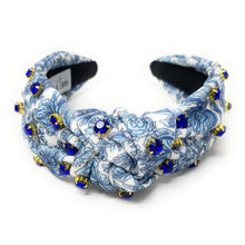 Load image into Gallery viewer, headbands for women, Wide knot headband, handmade headbands, top knotted headband, knotted headband, hair band for women, embellished headband, rhinestone headband, bejeweled blue headband, luxury headband, jeweled headband, knotted jeweled headband, bling headband, embellished knot headband, luxury knot headband, knot headband, Floral rhinestone headband, autumn hair accessories, Fall headbands, autumn headbands, custom headband, embellished headband, custom Autumn headbands, blue jewels headband