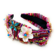 Load image into Gallery viewer, cinco de mayo Knot headband, cinco de mayo headband, mexican knotted headband, cinco de mayo accessories, fiesta knot headband, cambaya fabric headband, floral knotted headband, multicolor headband,  multicolor hair band, embellished headbands, Mexico headband, knotted headband, Cinco de Mayo knotted headband, Mexican hair accessories, light pink accessories, Summer headband, colorful headband, Mexican fabric accessories, custom headband, handmade headbands, bachelorette gifts, best selling items