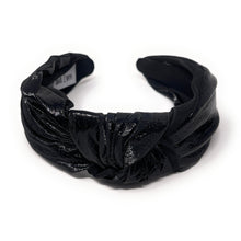 Load image into Gallery viewer, black Headband, birthday Knotted Headband, shimmer Knot Headband, metallic Hair Accessories, black knot Headband, Best Seller, headbands for women, best selling items, solid color knotted headband, hairbands for women, Christmas gifts, Solid color knot Headband, Solid color hair accessories, black headband, solid headband, Statement headband, black knotted headband, Holiday knot headband, top knot solid hairband, New Years headband, Winter headband, Solid color headband, black PU leather headband