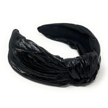 Load image into Gallery viewer, black Headband, birthday Knotted Headband, shimmer Knot Headband, metallic Hair Accessories, black knot Headband, Best Seller, headbands for women, best selling items, solid color knotted headband, hairbands for women, Christmas gifts, Solid color knot Headband, Solid color hair accessories, black headband, solid headband, Statement headband, black knotted headband, Holiday knot headband, top knot solid hairband, New Years headband, Winter headband, Solid color headband, black PU leather headband