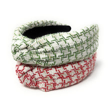 Load image into Gallery viewer, Two textured headbands stacked, featuring a woven pattern. The top one has green accents, and the bottom one showcases red accents on a white background.