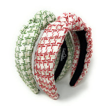 Load image into Gallery viewer, Two textured headbands stacked, featuring a woven pattern. The top one has green accents, and the bottom one showcases red accents on a white background.