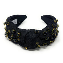 Load image into Gallery viewer, black Jeweled Headband, black headband, Autumn Hair Accessories, black not Headband, knot headband, boho headband, best selling items, handmade headband, best selling items, Christmas gifts, shimmer knot Headband, Fall Winter accessories, shimmer knot headband, shimmer headband, Statement headband, Christmas gifts, jeweled knot headband, Jeweled headband, black shimmer headband, Embellished headband, Autumn embellished headband, bejeweled headband, boho headband, New Years eve headband