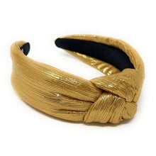 Load image into Gallery viewer, gold Headband, birthday Knotted Headband, shimmer Knot Headband, metallic Hair Accessories, gold knot Headband, Best Seller, new years headband, best selling items, solid color knotted headband, hairbands for women, Christmas gifts, Solid color knot Headband, Solid color hair accessories, green headband, solid headband, Statement headband, green knotted headband, Holiday knot headband, top knot solid hairband, New Years headband, Christmas headband, Solid color headband, Gold shimmer headband