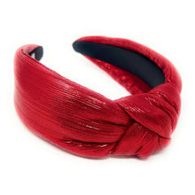 Load image into Gallery viewer, red Headband, birthday Knotted Headband, shimmer Knot Headband, metallic Hair Accessories, red knot Headband, Best Seller, Valentines Day headband, best selling items, solid color knotted headband, Christmas headbands, Christmas gifts, Solid color knot Headband, Solid color hair accessories, red knotted headband, solid headband, Statement headband, red shimmer knotted headband, Holiday knot headband, top knot solid hairband, Valentines day Gifts, Solid color headband, Valentine’s Day Headband