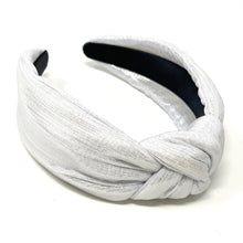 Load image into Gallery viewer, silver Headband, birthday Knotted Headband, shimmer Knot Headband, metallic Hair Accessories, light silver knot Headband, Best Seller, new years headband, best selling items, solid color knotted headband, hairbands for women, Christmas gifts, Solid color knot Headband, Solid color hair accessories, silver white headband, solid headband, light silver knotted headband, Holiday knot headband, top knot solid hairband, New Years headband, Christmas headband, Solid color headband, silver shimmer headband