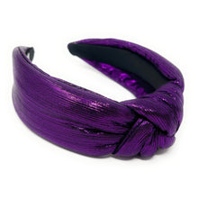 Load image into Gallery viewer, purple Headband, birthday Knotted Headband, shimmer Knot Headband, metallic Hair Accessories, gold knot Headband, Best Seller, new years headband, best selling items, solid color knotted headband, hairbands for women, Christmas gifts, Solid color knot Headband, Solid color hair accessories, handmade headband, solid headband, Statement headband, purple knotted headband, Holiday knot headband, top knot solid hairband, New Years headband, Mardi Gras headband, Solid color headband, purple shimmer headband