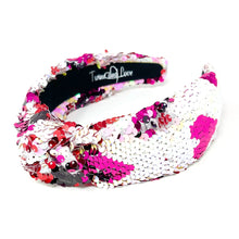 Load image into Gallery viewer, VALENTINES Headband, Heart Headbands for Women, Heart Jeweled Knot Headband, pink sequin Knot Headbands, Valentines Day Knotted Headband, knotted headband, birthday gift for her, headbands for women, best selling items, knotted headbands, hair accessories, pink knot headband, valentine’s day headband, valentines headband, valentines day gifts, embellished headband, heart stud headband, red headband, red hearts headband, heart headband for women and girls, bling headband, hearts knot headband, Pink headband