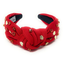 Load image into Gallery viewer, VALENTINES Jeweled Headband, Valentine’s Day Headband, red Jeweled Knot Headband, Jeweled Knot Headbands, Valentines Day Knotted Headband, knotted headband, birthday gift for her, headbands for women, best selling items, knotted headbands, boho headband, red valentine’s day knot headband, valentine ’s day headband, valentines headband, valentines day gifts, embellished headband, heart stud headband, red headband, gold hearts headband, handmade headband, red knot headband, custom headband