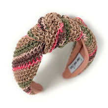 Load image into Gallery viewer, headband for woman, fashion headbands, beige raffia knot headband, woven headbands for women, stylish headbands, raffia headband style, top knot headband, woven top knot headband, ivory headband, hair band, multicolor raffia headband, raffia woven headband, women top knot headband, summer headbands, beige knot headband, woven top knot headband, handmade headbands, top knotted headband, knotted headband, boho headband, beige knotted headband, solid color headband, resort headband