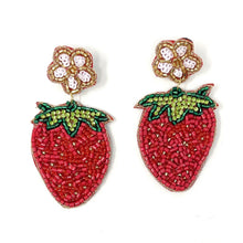 Load image into Gallery viewer, Strawberry beaded Earrings, beaded Earrings, Strawberry Earrings, fruit Beaded Earrings, fruit bead earrings, Strawberry bead earrings, red beaded earrings, Statement earrings, handmade earrings, custom earrings, bejeweled accessories, fancy accessories, Strawberry color earrings, gifts for mom, best friend gifts, birthday gifts, bohemian earrings, fancy earrings accessory, summer earrings, fruity earrings, boho earrings, rhinestone earrings, embellished earrings