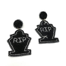 Load image into Gallery viewer, Halloween beaded Earrings, beaded halloween Earrings, halloween Earrings, Halloween Bead Earrings, earrings for halloween, RIP earrings, spooky beaded earrings, black earrings, Unique earrings, candy corn earrings, Halloween jewelry, statement earrings, skull earrings, spooky earrings, costume jewelry, Holiday earrings, pumpkin earrings, custom designs, cat earrings, dangling earrings, witch earrings, autumn accessories, witch vibes, spooky vibes 