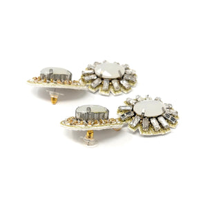Elegant drop earrings with oval gray stones, surrounded by sparkling crystals. Each earring features two sections, exuding a luxurious and sophisticated vibe.