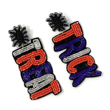 Load image into Gallery viewer, Halloween beaded Earrings, beaded halloween Earrings, halloween Earrings, Halloween Bead Earrings, earrings for halloween, trick or treat earrings, spooky beaded earrings, orange and black earrings, Unique earrings, candy corn earrings, Halloween jewelry, statement earrings, trick or treat earrings, spooky earrings, costume jewelry, Holiday earrings, pumpkin earrings, custom designs, cat earrings, dangling earrings, witch earrings, autumn accessories, witch vibes, spooky vibes, trick or treat accessories