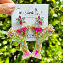 Load image into Gallery viewer, martini beaded Earrings, beaded bow Earrings, martini Earrings, apple martini Beaded Earrings, vacation earrings, resort earrings, bachelorette beaded earrings, apple martini earrings, unique earrings, martini seed bead earrings, bejeweled accessories, resort accessories, resort beaded earrings, gifts for mom, best friend gifts, birthday gifts, multicolor earrings, fancy earrings accessory, summer earrings, boho earrings, fancy rhinestone earrings, rhinestone earrings, embellished earrings