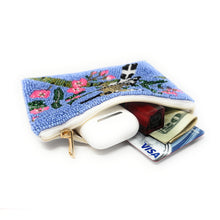 Load image into Gallery viewer, Hand Beaded purse pouch with a hoopoe bird design. Features a brown bird with black and white stripes perched on a branch, surrounded by pink flowers on a blue background.
